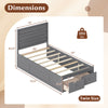 Twin size bed frame in gray with storage drawers, headboard, and robust plywood slats for reliable support.