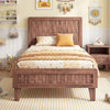 Twin size bed frame with woven accent headboard, robust wooden construction, and low-profile design for easy cleaning.