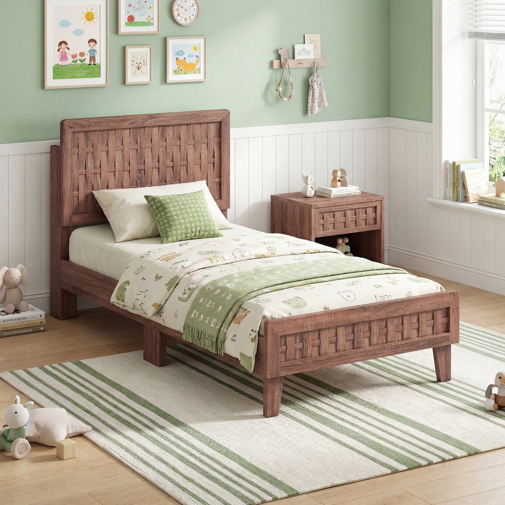 Twin size bed frame with woven accent headboard in a rustic design, featuring sturdy wooden construction for lasting.