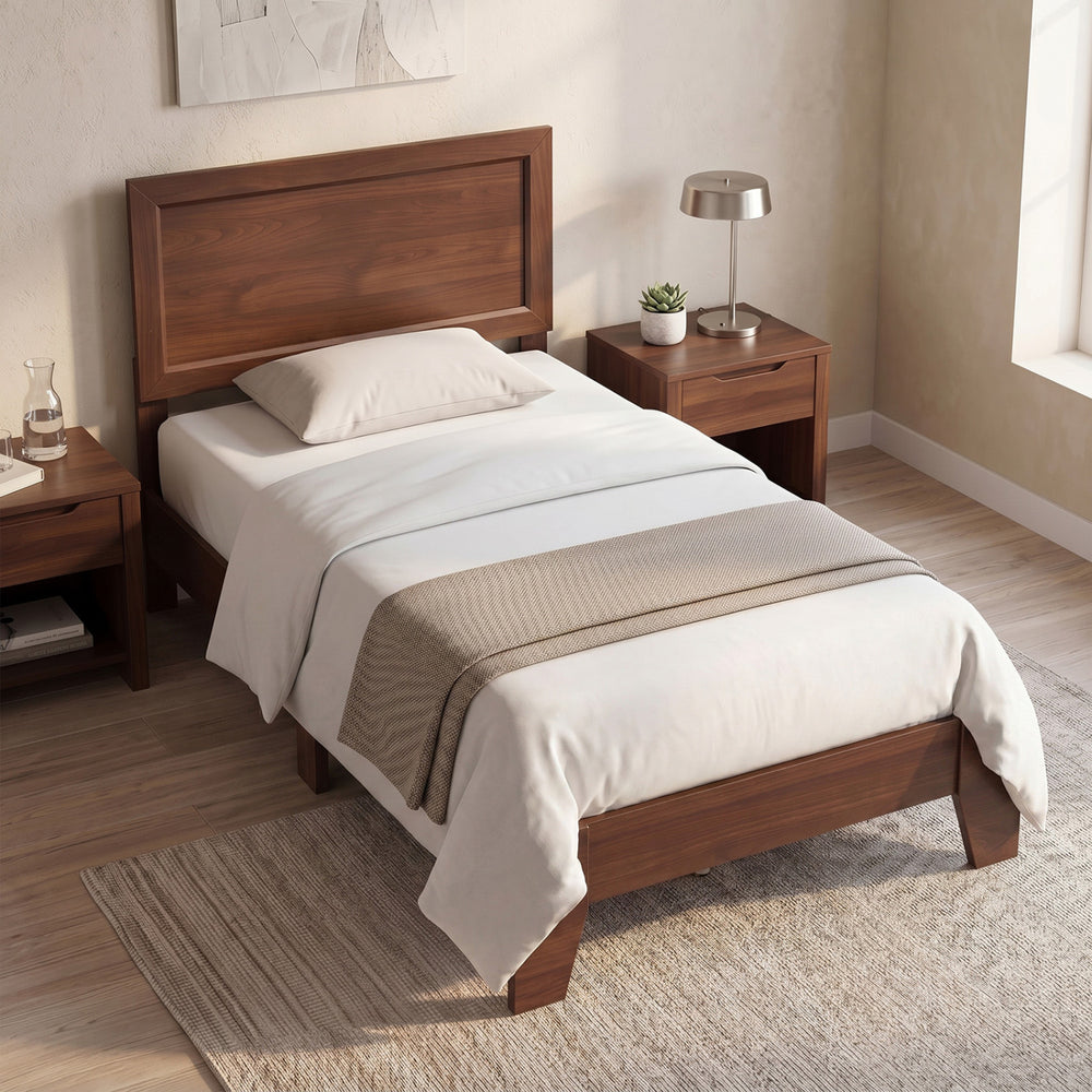 Twin Size Bed Frame with Headboard for Small Room No Box Spring Needed-Walnut - Gallery View 1 of 9