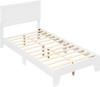 Twin size bed frame in white with mid-century modern headboard, sturdy wooden slats, and ample under-bed storage space.