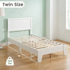 Twin size bed frame with headboard in white, featuring wooden slats and 6" under-bed storage for small rooms.