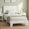 Twin size bed frame in white with a mid-century modern headboard, perfect for small rooms and no box spring needed.