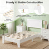 Twin size bed frame in white with a mid-century modern headboard, featuring sturdy wooden slats and adjustable support legs.