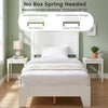 Twin size bed frame in white with headboard, featuring no box spring needed and embedded design for stability.