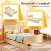 Twin size bed frame with storage drawers, detachable guardrails, and sturdy wooden slats for children's safety and convenience.