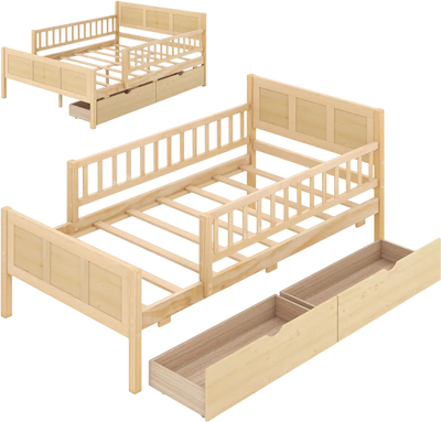 Costway Twin/Full Bed Frame with Storage Drawers Natural 57592339 New
