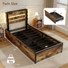 Twin size bed frame with robust metal structure, four storage drawers, LED lights, and USB ports for modern convenience.