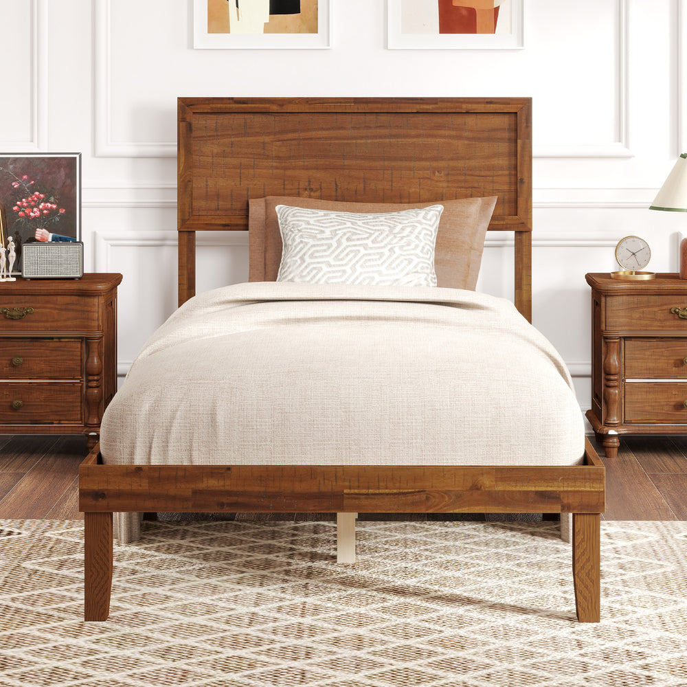 Twin size bed frame with headboard, wooden slats, and rustic wood grain accents for stable support and stylish decor.