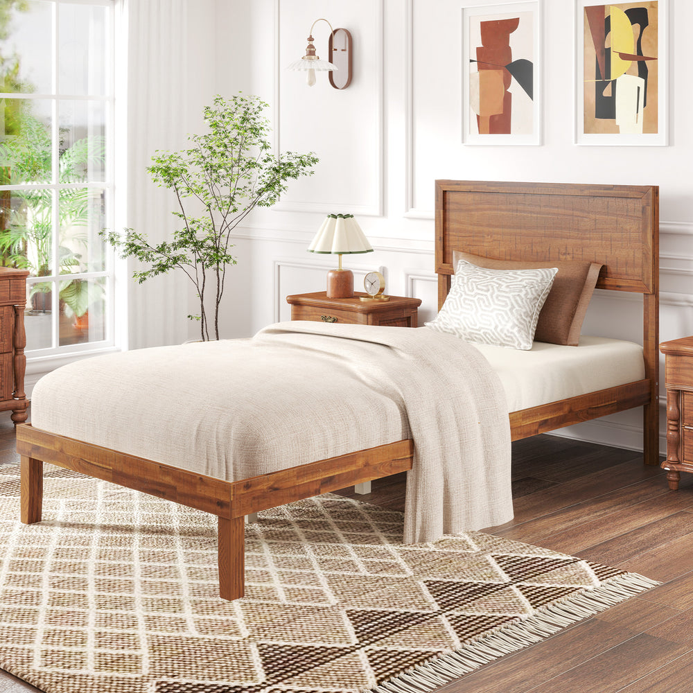 Twin size bed frame with headboard, wooden slats, and rustic charm, perfect for comfortable bedroom setups.
