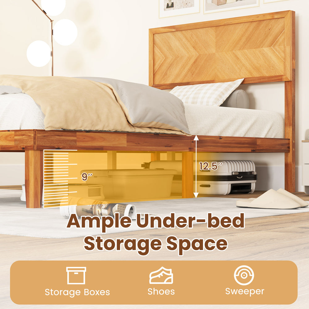 Twin size bed frame with headboard and ample under-bed storage space for boxes, shoes, and a sweeper.