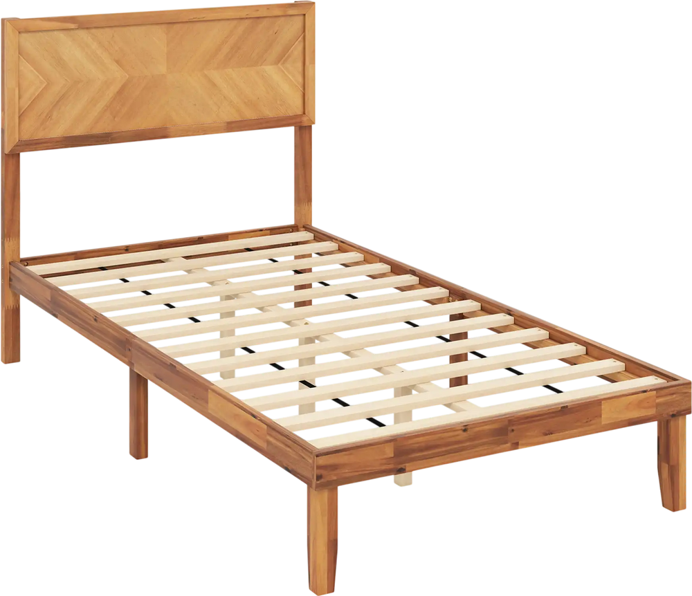 Twin size bed frame with high headboard, sturdy plywood slats, and rustic wood grain finish for stylish bedroom decor.