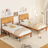 Twin size bed frame with headboard in rustic wood finish, featuring under-bed storage space for a sweeper.