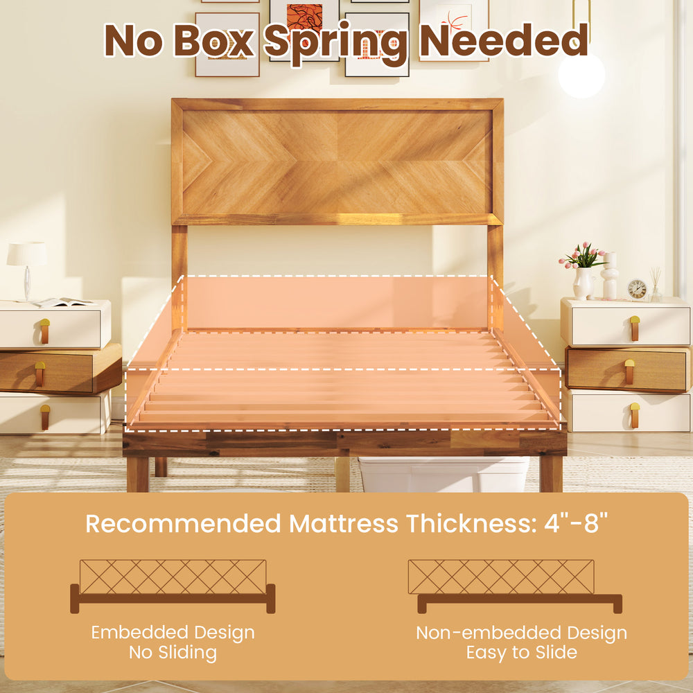 Twin size bed frame with headboard, sturdy wood construction, no box spring needed, ideal for stylish bedroom storage.