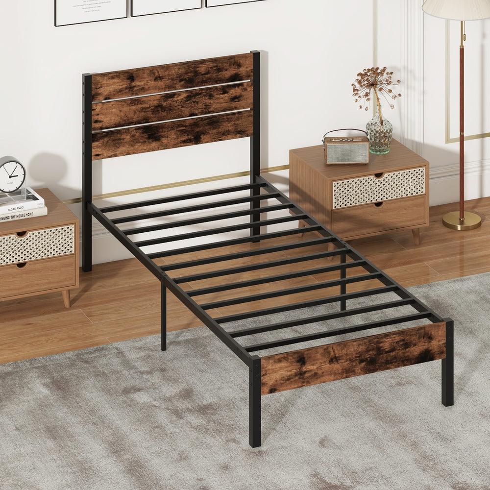 Twin size bed frame showcasing a high headboard and sleek metal slats, designed for stability and modern bedroom.