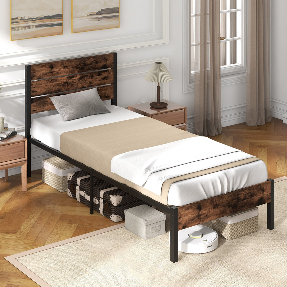 Twin size bed frame with high headboard, metal slats, and under-bed storage for a stylish and stable bedroom setup.