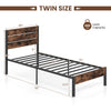 Twin size bed frame with high headboard, metal slats, and under-bed clearance for storage, perfect for industrial decor.