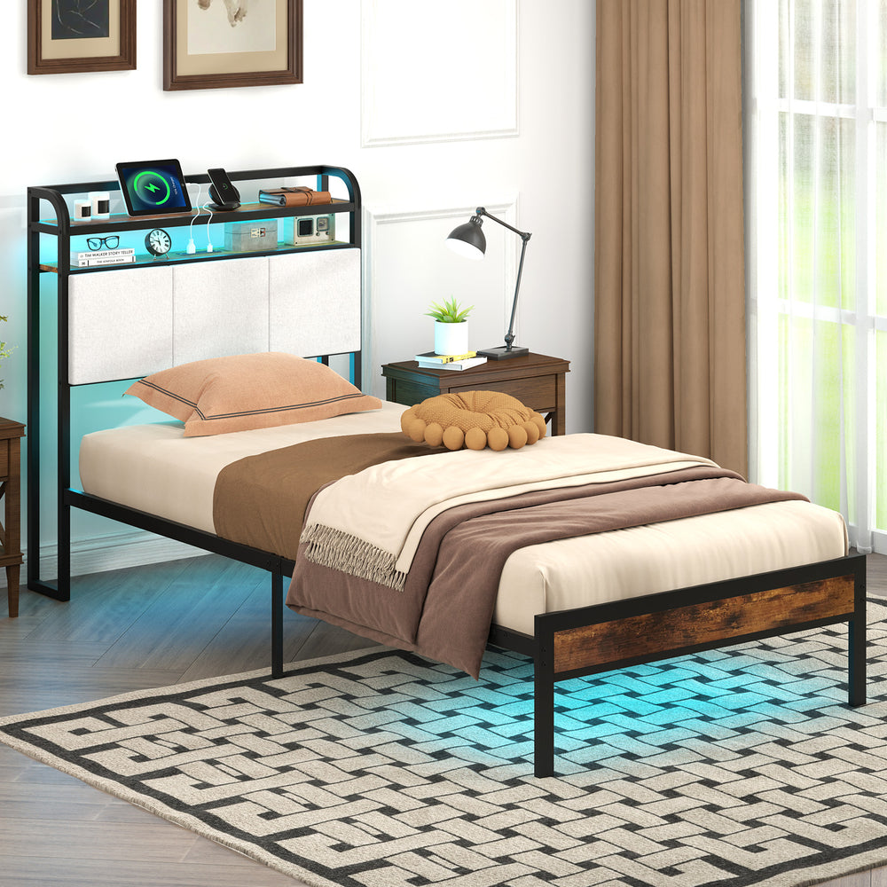 Twin size bed frame with LED light, charging station, and storage headboard, perfect for stylish bedroom decor.