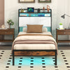 Twin size bed frame with LED light, built-in charging station, and storage headboard for stylish bedroom organization.