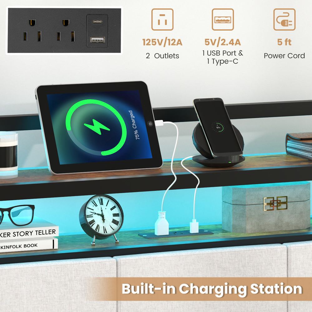Twin size bed frame with LED light, built-in charging station, and 2-tier storage headboard for convenient organization.