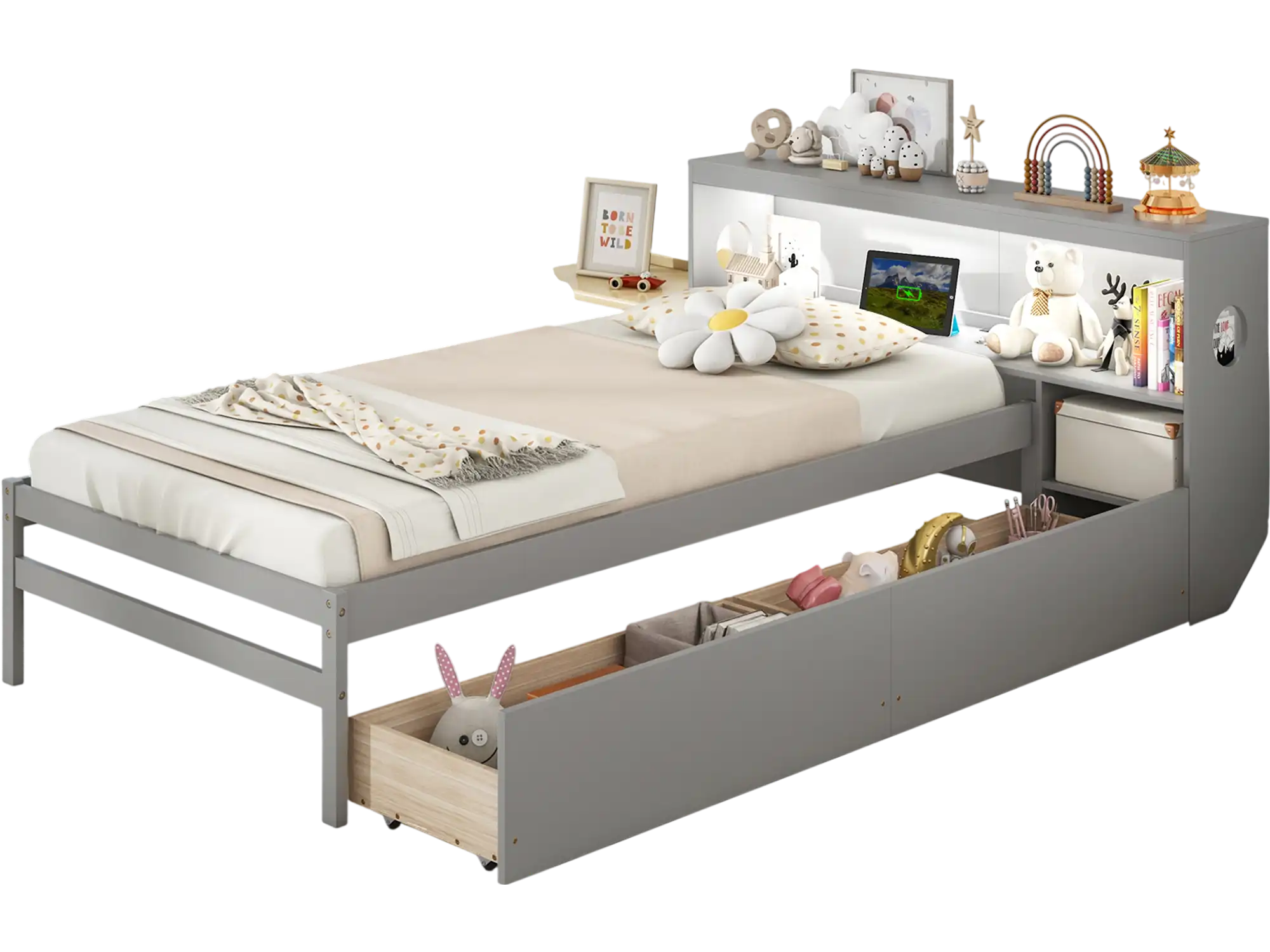 Costway Twin Bed Frame LED Bookcase Headboard Gray 62389754 New