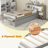 Twin size bed frame in gray with storage headboard, LED light, and 8 sturdy plywood slats for durability.