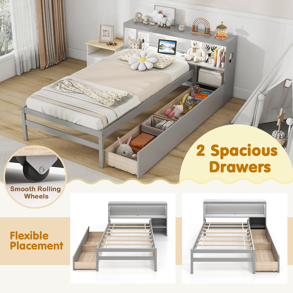 Twin size bed frame in gray with bookcase headboard, LED light, and two spacious drawers for convenient storage.