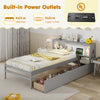 Twin size gray bed frame with LED light, bookcase headboard, and built-in power outlets for convenient charging.
