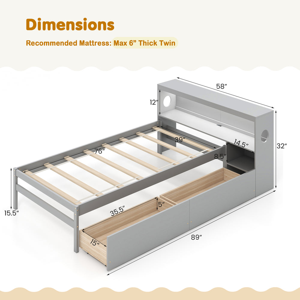 Twin size bed frame in gray with LED light, bookcase headboard, and storage drawers for organized bedroom space.