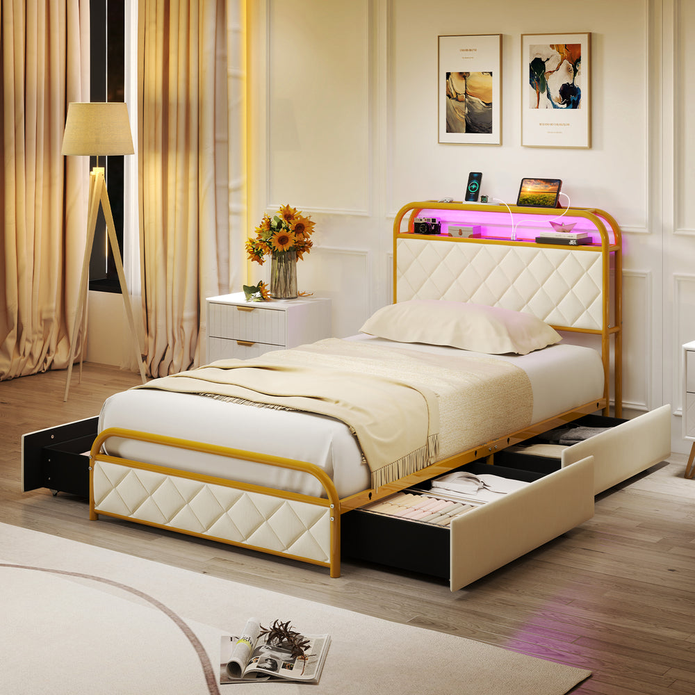 Twin size bed frame with adjustable LED lights and integrated power strip for convenient charging and modern style.