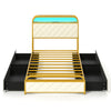 Twin size bed frame in gold with LED lights, storage drawers, and upholstered headboard for modern bedroom decor.
