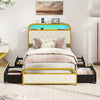 Twin size bed frame with LED lights, charging station, and storage drawers for a modern bedroom setup.