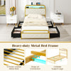 Gold twin size bed frame featuring multi-color LED lights and an integrated charging station for added convenience and.