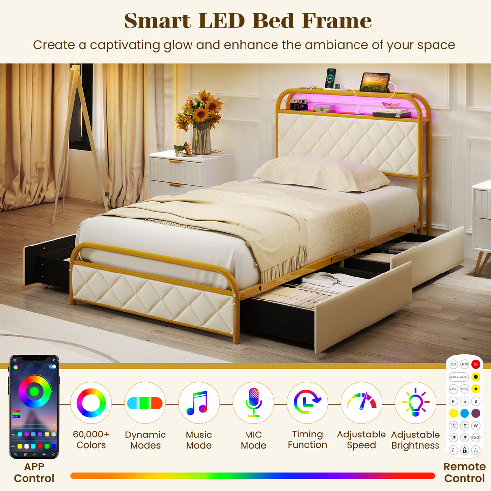 Gold twin size bed frame with LED lights, storage drawers, and upholstered headboard for a modern bedroom setup.