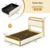Twin size bed frame in gold with LED lights, charging station, and storage drawers for a modern bedroom setup.