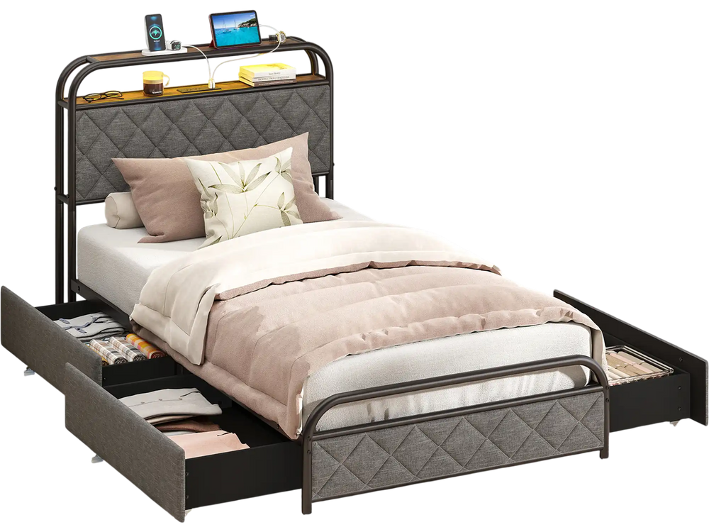 Twin size bed frame showcasing 2-tier headboard design for improved storage of books, tablets, and personal items.