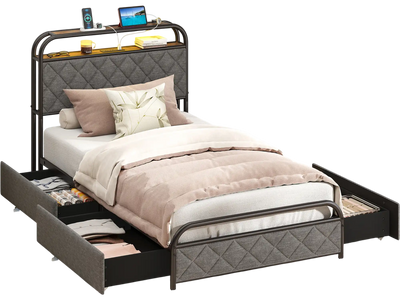 Costway Twin Bed Frame with LED Lights & Charging Station 926715348 New