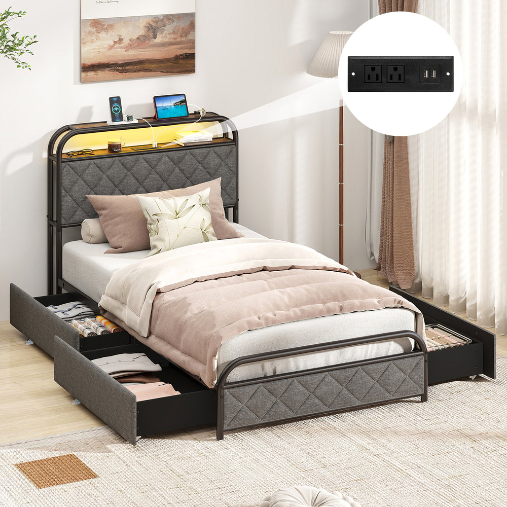 Twin size bed frame with LED lights, charging station, and fabric storage drawers for a clutter-free bedroom.