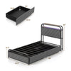 Twin size bed frame with LED lights, integrated charging station, and fabric storage drawers for organized bedroom.