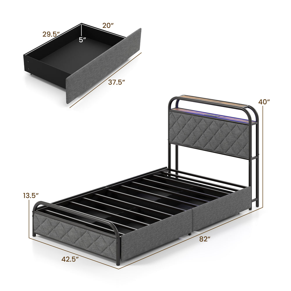Twin size bed frame with LED lights, integrated charging station, and fabric storage drawers for organized bedroom.