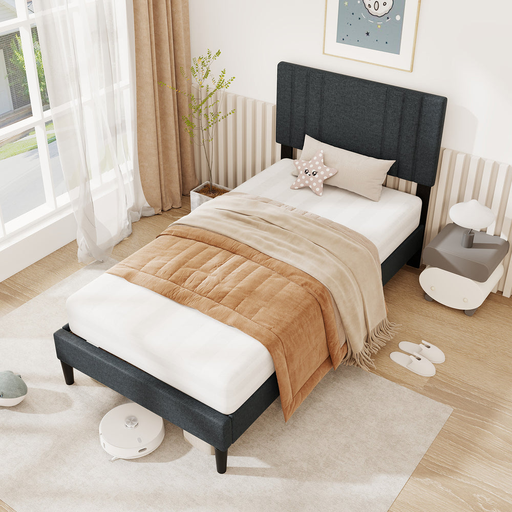 Full/Queen/Twin Size Bed Frame with Vertical Channel Tufted Headboard and Wooden Slats-Twin Size - Gallery View 1 of 10