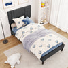 Twin size bed frame with vertical channel tufted headboard, faux linen fabric, and wooden slats for easy mattress.