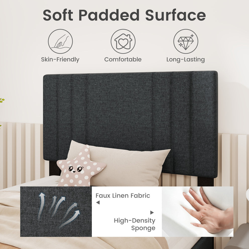 Twin size bed frame with vertical channel tufted headboard in faux linen fabric, featuring a soft padded surface for.