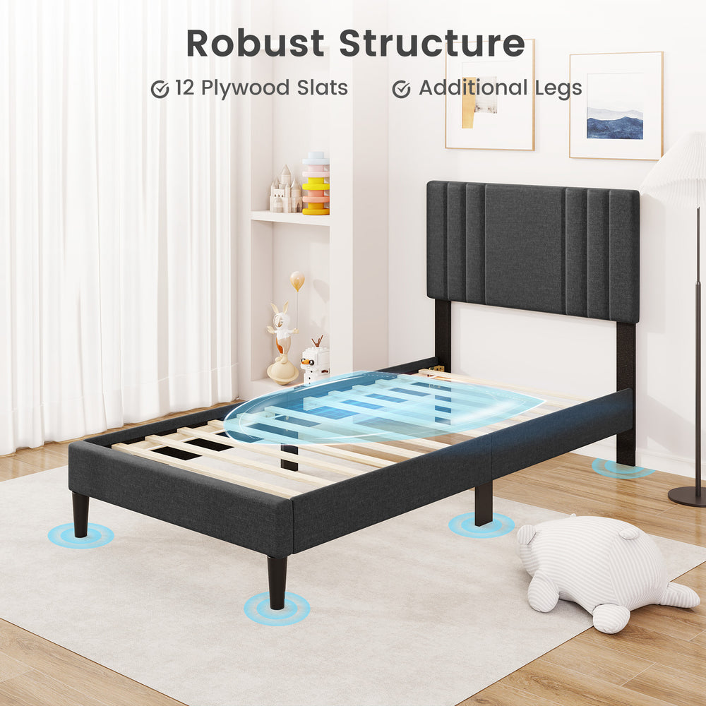 Twin size bed frame with vertical channel tufted headboard, robust structure, and 12 plywood slats for mattress support.