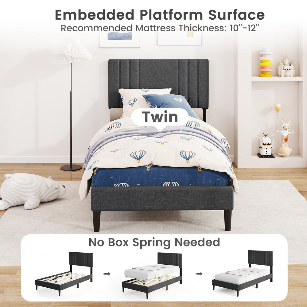 Twin size bed frame with vertical channel tufted headboard, faux linen fabric, and wooden slats for easy setup.