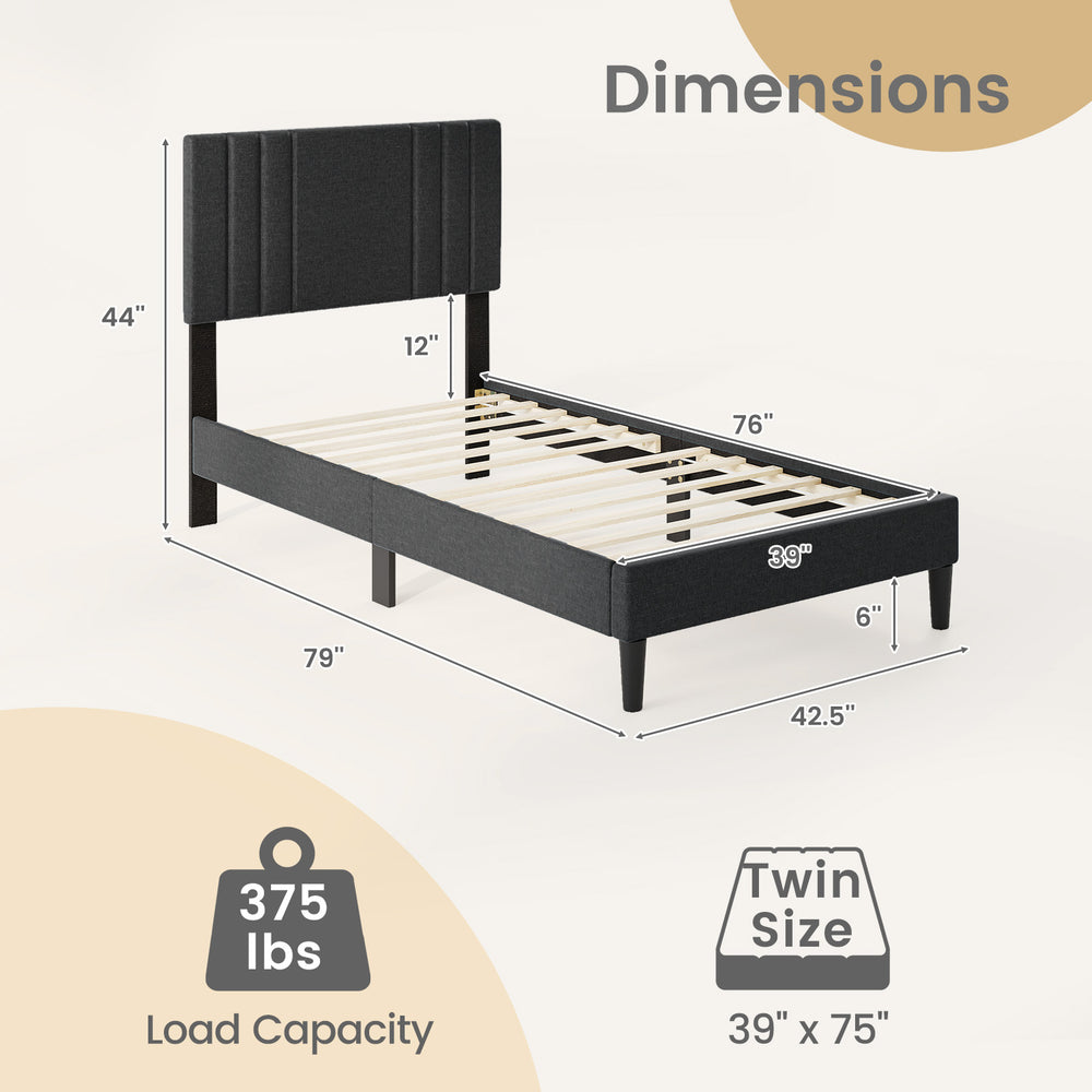 Twin size bed frame with vertical channel tufted headboard, faux linen fabric, and wooden slats for sturdy support.