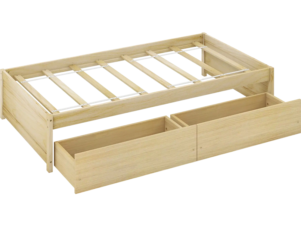 Twin size captain bed frame in natural pine wood with two pull-out drawers for convenient storage and slats support.
