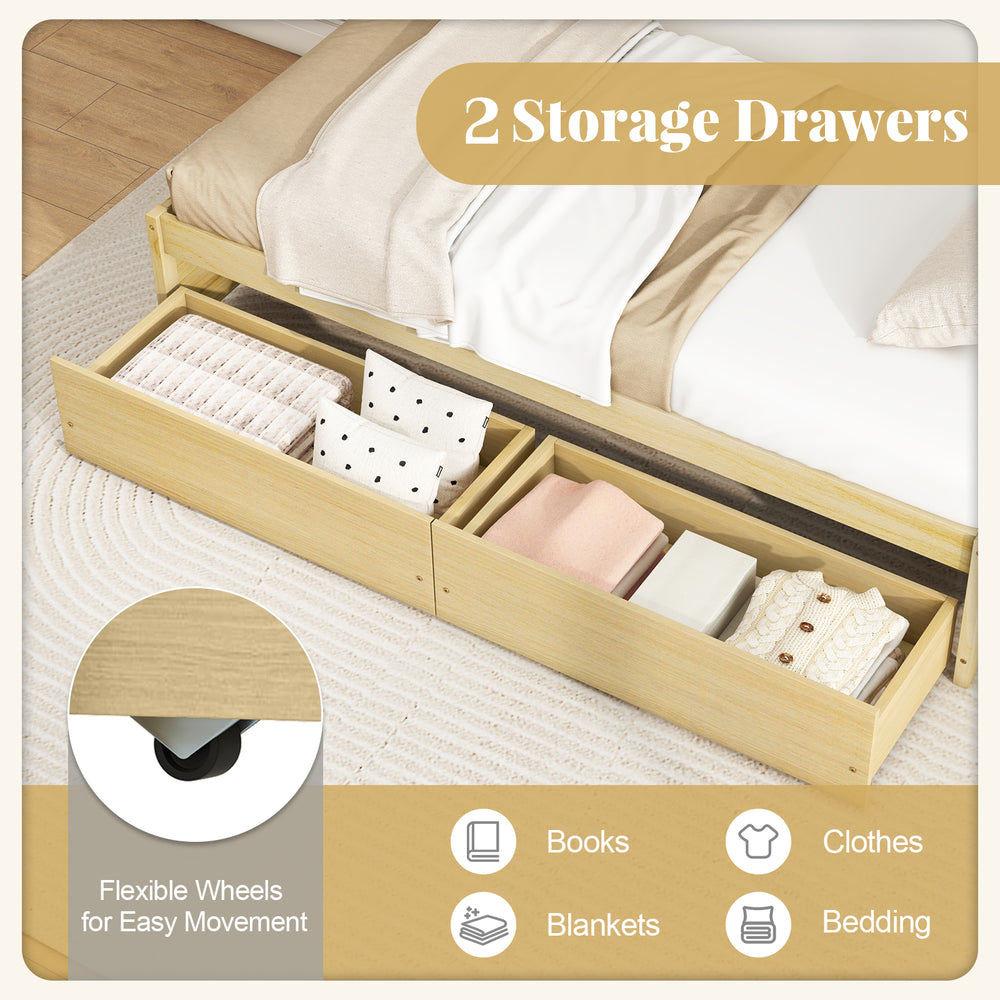 Twin size captain bed with two pull-out storage drawers on wheels, perfect for storing clothes and blankets.