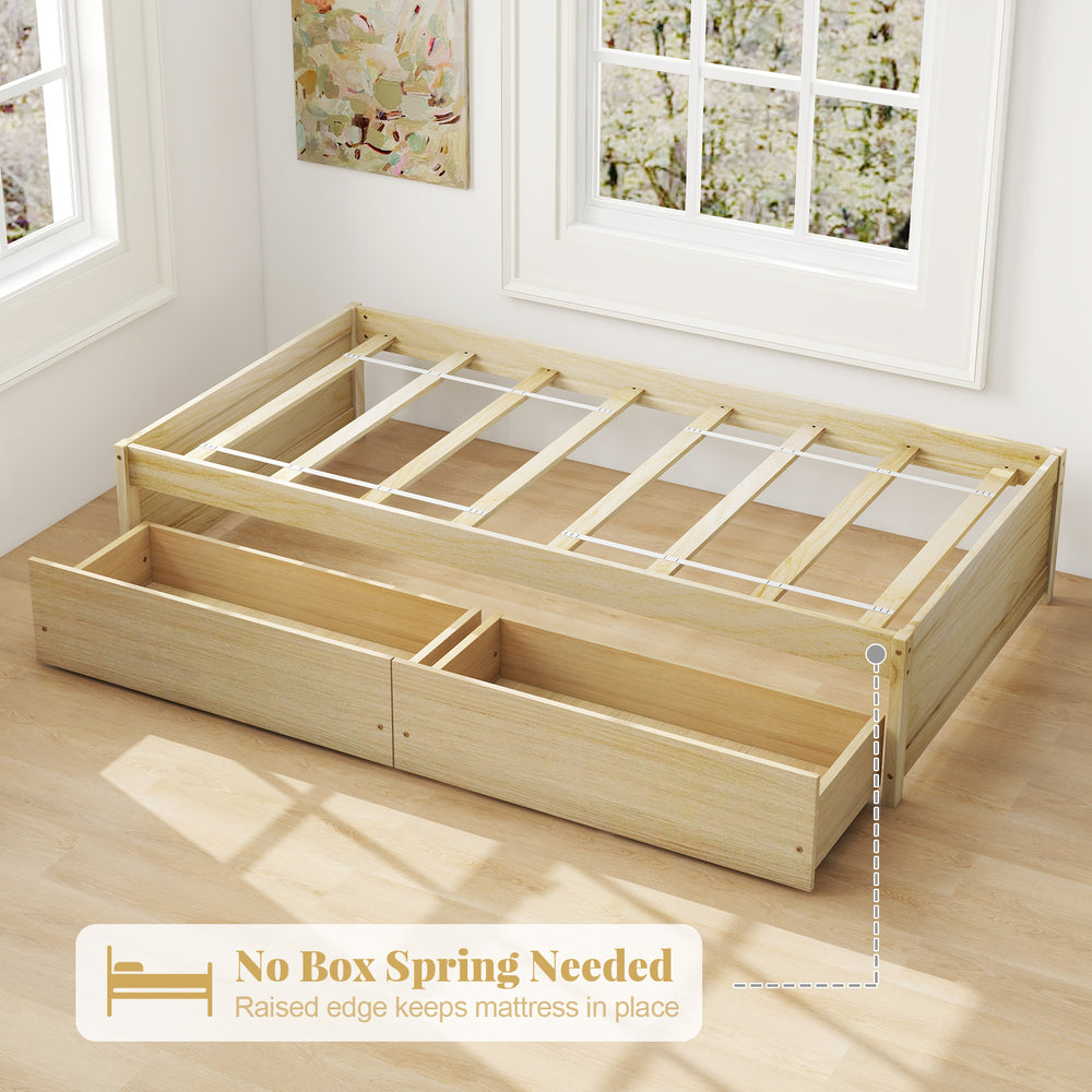 Twin size captain bed in natural wood with two pull-out drawers, slats support, and raised edge for mattress stability.
