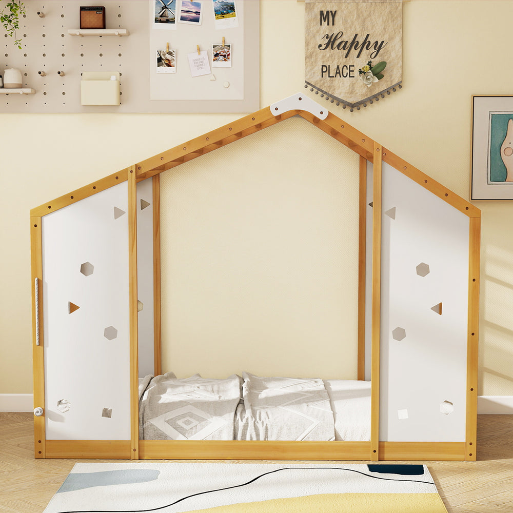 Twin size Montessori floor bed with house shape, rubber wood monkey bars, and playful geometric cut-outs for kids' room.